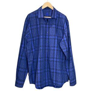 Bugatchi Uomo Dark Blue Medium Blue Plaid Paisley Print Button Down Dress Shirt